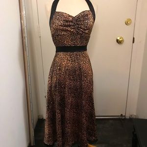 Satin leopard retro halter swing dress